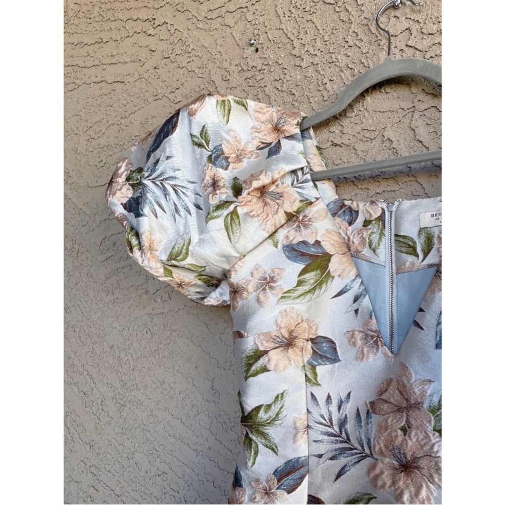 BEC + BRIDGE Blue & Pink Textured Floral Jacquard Plunging V Poofy Sleeve Dress - Picture 4 of 16